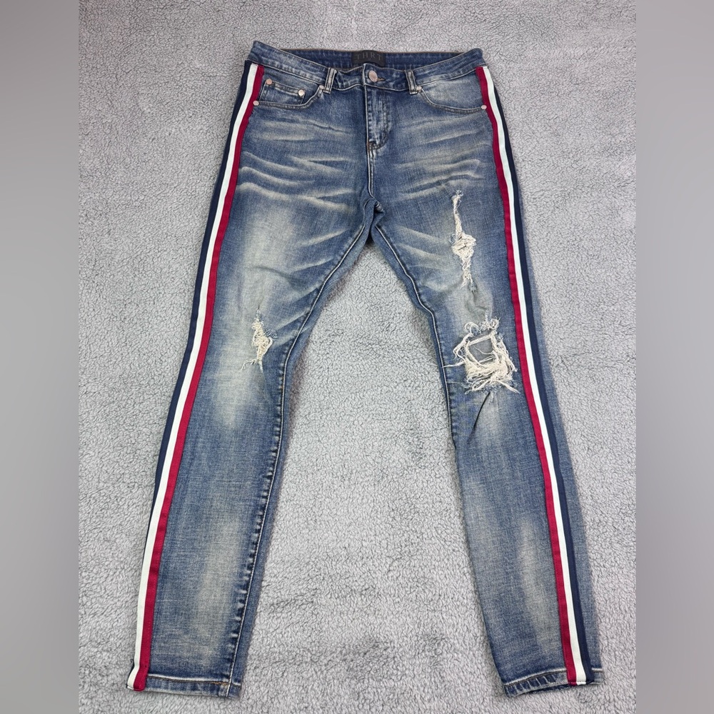 THRT Men's Size 34 X 30 Slim Fit Sabotage Stripe Ripped Denim Skinny Jeans